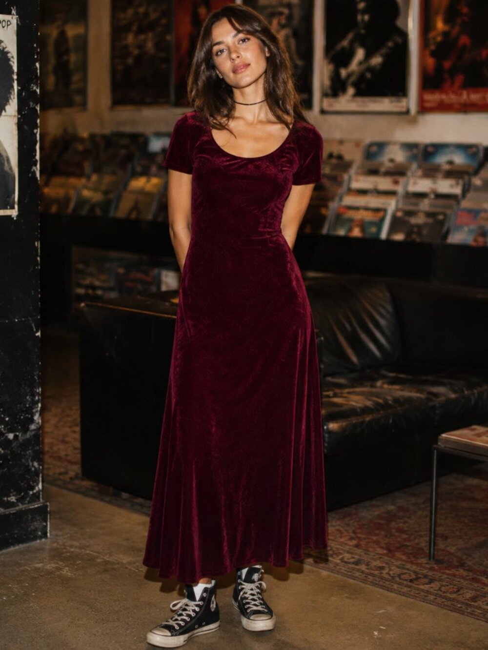 Vintage Debenhams Burgundy Burnout Velvet Maxi Dress | UK 12